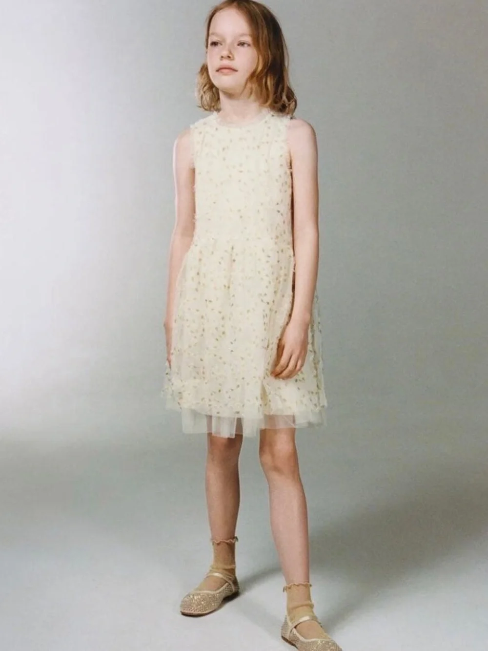 ZARA Kids Girls White Gold Metallic Embroidery Tulle Dress